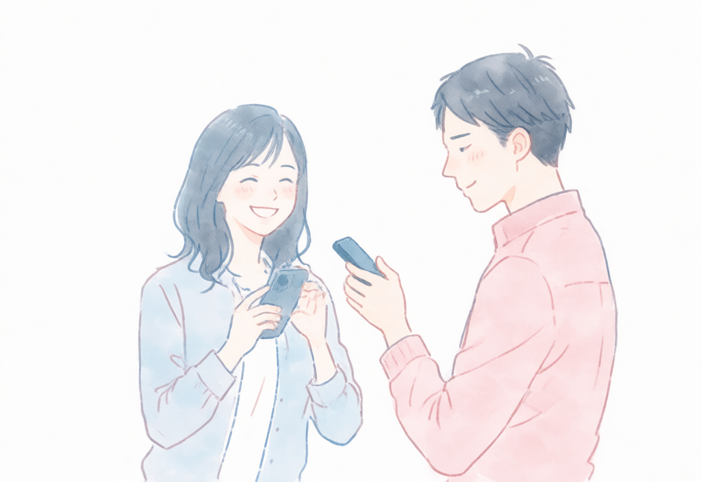 スマホで気分屋指数診断を受ける男女の水彩イラスト